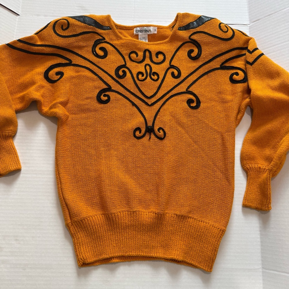 Christina Mustard Sweater with Black appliqué detail. Shoulder pads.